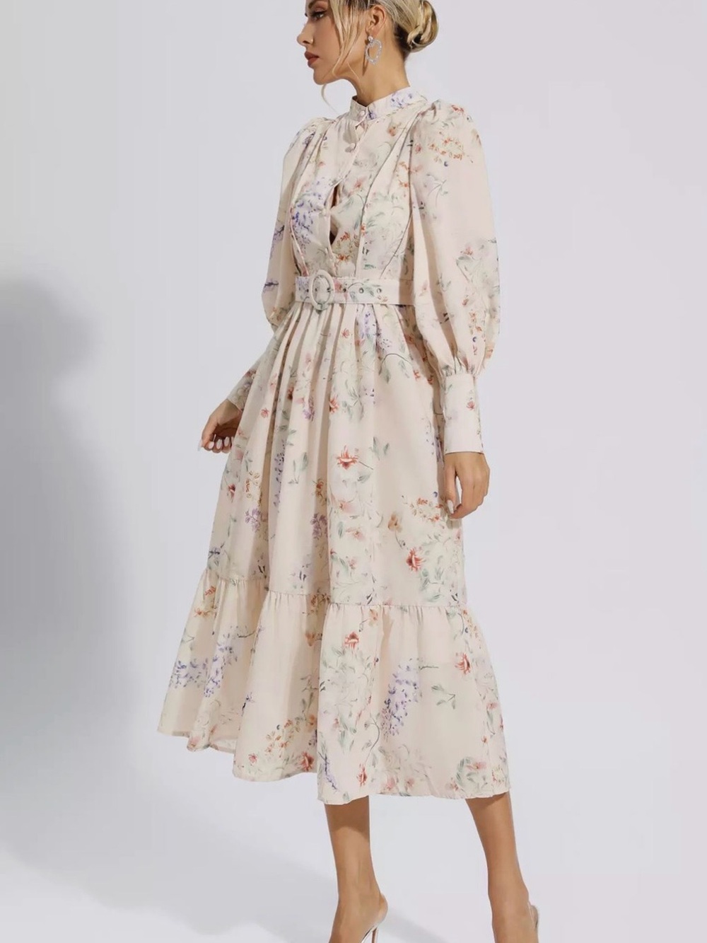 Floral Belted Midi Dress in Cream with Delicate Print - Picture 2 of 3